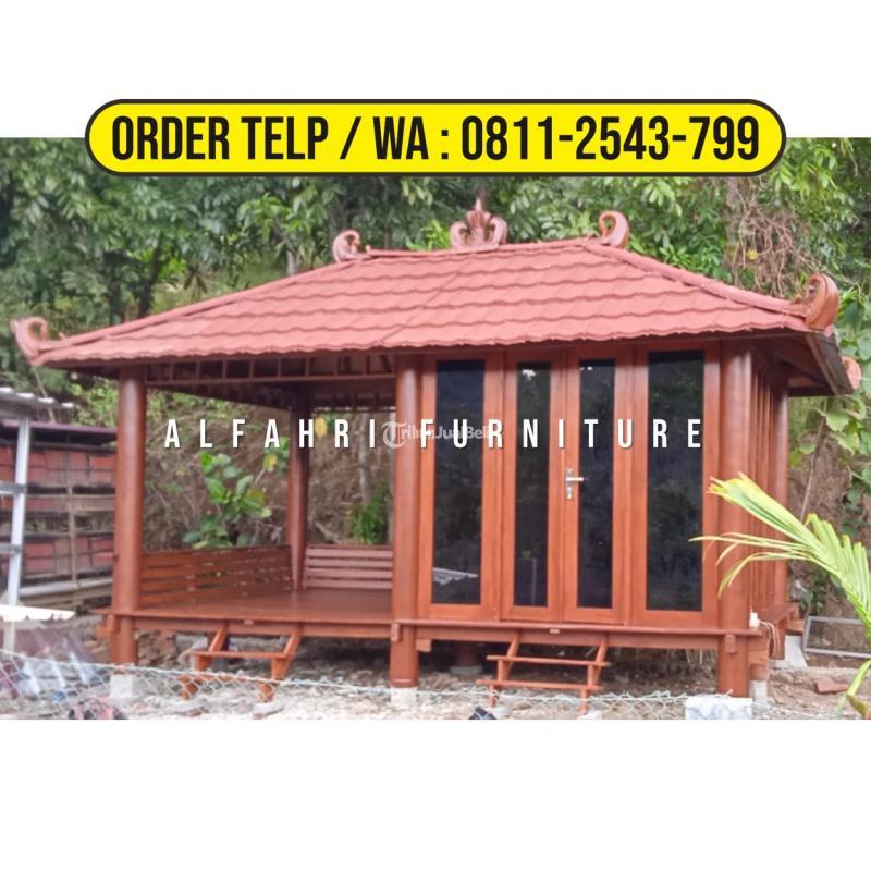 Gazebo Rumah Kayu Minimalis Modern X Dinding Kaca Atap Genteng Pasir