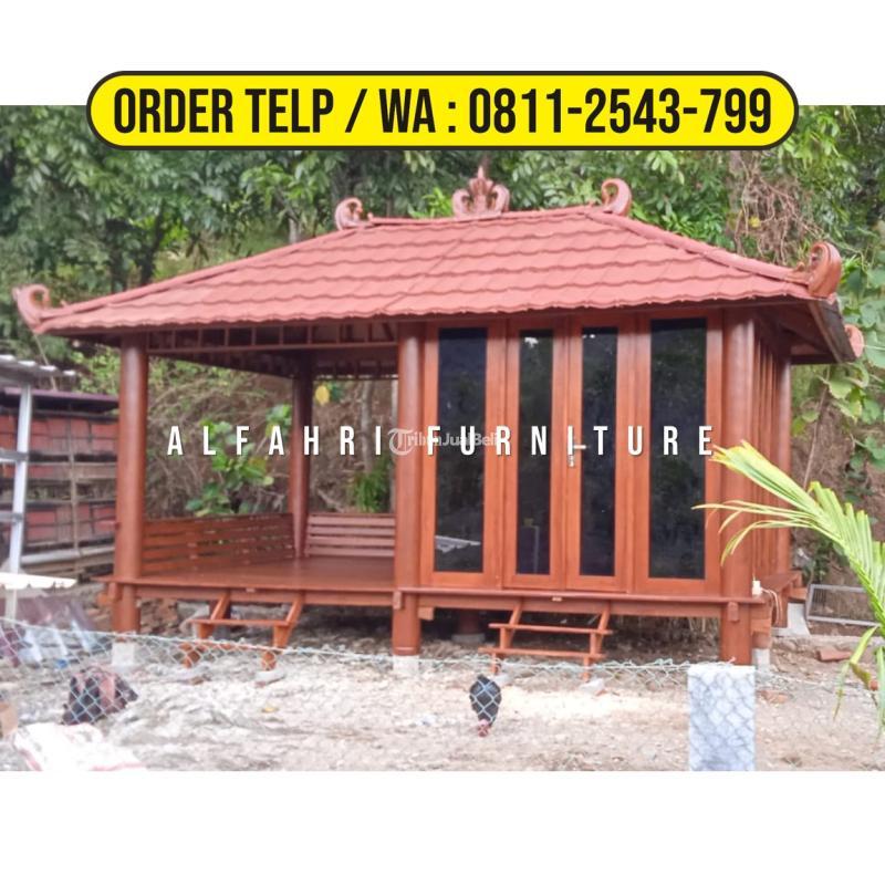 Gazebo Santai X Kayu Kelapa Minimalis Atap Sirap Dinding Kaca Di