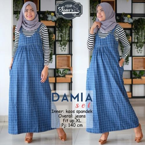 Setelan Overall Jeans Motif Kotak-Kotak Fit Up XL Harga Murah - Solo