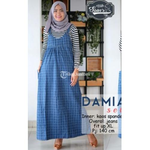 Setelan Overall Jeans Motif Kotak-Kotak Fit Up XL Harga Murah - Solo