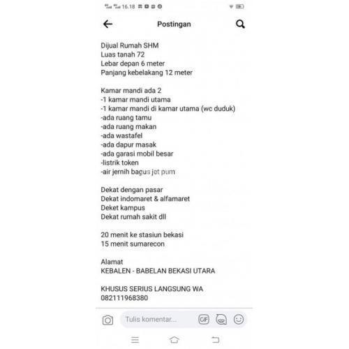 Dijual Rumah SHM Siap Huni Villa Gading Harapan Babelan - Bekasi Utara