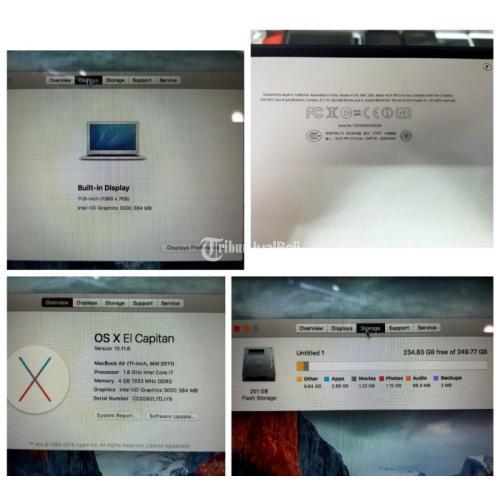 Laptop MacBook Air Mid 2011 11.6" A1370 Core i7 1.8GHz RAM 4GB SSD 256GB Seken