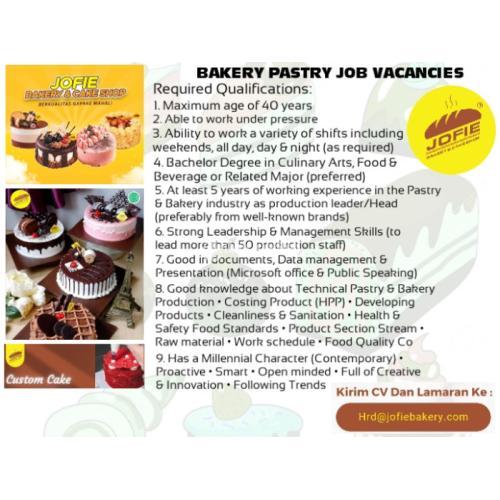 JOB VACANCY BAKERY PASTRY AS PRODUCTION MANAGER AT JOFIE BAKERY MEDAN