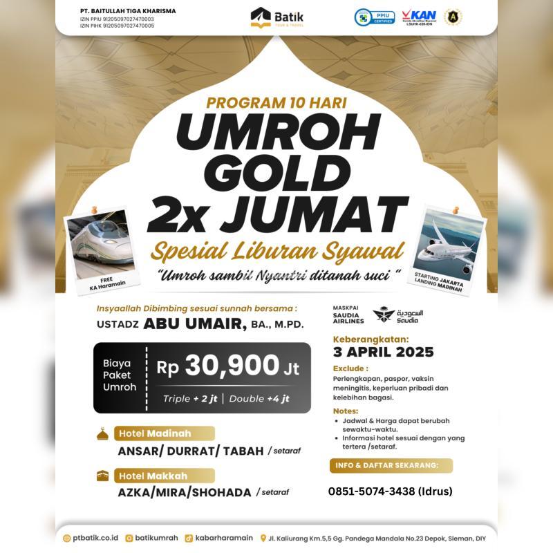 Umroh Gold 3 April 2025 10 Hari 2x Jumat - Jakarta Pusat