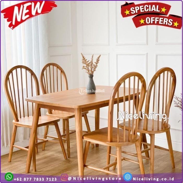 Satu Set Meja Makan Model Jari Jari 4 Kursi Meja Makan Cafe Jati Asli - Sleman Yogyakarta