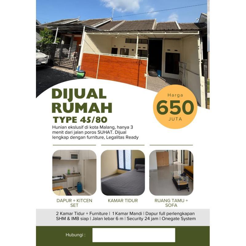 Jual Rumah Tipe 45 Siap Huni Lokasi Tunggulwulung Lowokwaru - Malang Kota