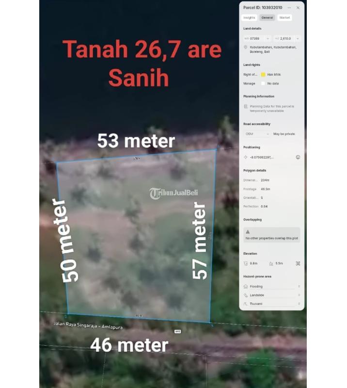 Dijual Tanah SHM Luas di Jalan Raya Air Sanih - Buleleng Bali
