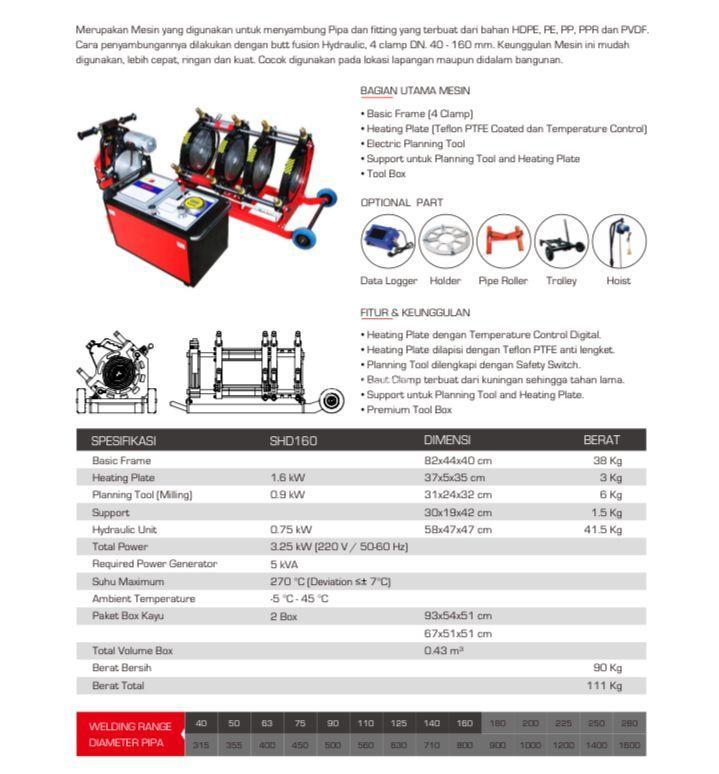 Mesin Las Pipa Hdpe SHD Hydraulic 160 1.5 inch - 6 inch - Jakarta Timur