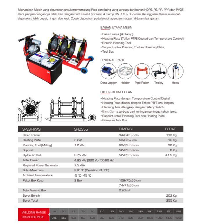 Mesin Las Join Pipa Hdpe Hydraulic SHD 355 - Jakarta Timur