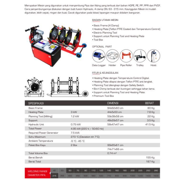 Mesin las pipa hdpe hydraulic 12 inch - Butt Fusion SHD 315 - Jakarta Timur