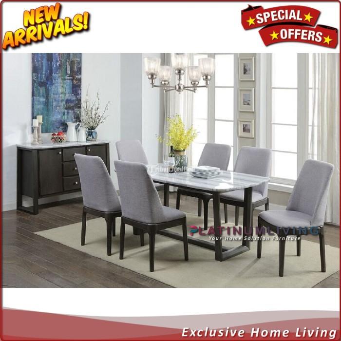 Meja Makan Marmer Abu Abu Kursi 6, Meja Makan Jati Marmer Asli Mewah Furniture - Jepara