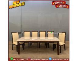 Meja Makan Marmer Cream Rangka Jati Kursi 6 Furniture - Jepara