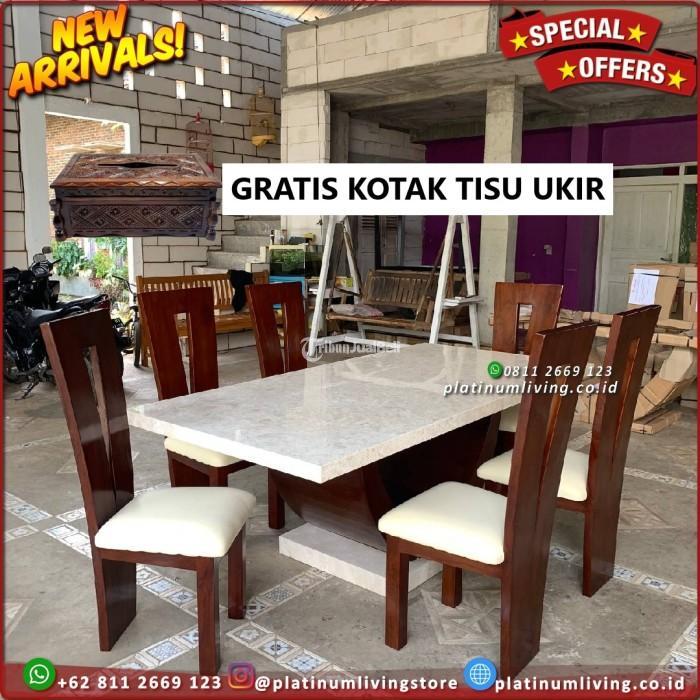 Meja Makan Marmer 6 Kursi 18090 Meja Makan Marmer Minimalis Jati Furniture - Jepara